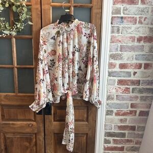 Ophelia Roe Floral Print Smocked Neck Tie Front Long Sleeve Blouse Top 2X